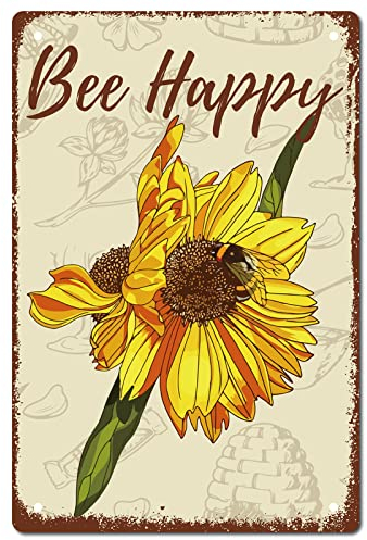 CREATCABIN Sonnenblume Blechschild Biene Happy Metall Wanddekoration Dekoration Kunstwand Retro Vintage Frühling Sommer Blume Für Hausgarten Küche Bar Pub Wohnzimmer Büro Garage Poster Plaque 30x20cm