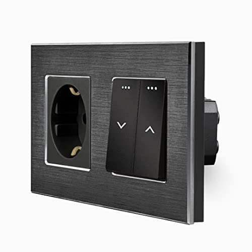 Luxus-Time Wipp Schuko Steckdose + Rollladenschalter Schalter Jalousie Markiese Rollladen Hoch/Runter inkls. Aluminium Rahmen 2 Fach Einbau Kippschalter Unterputzdose schwarz LXBA2-LX-102W-71-12