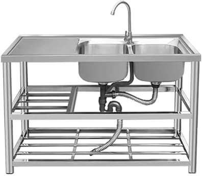 MTSYXYM Lavabo Commerciale Lavello in Acciaio Inox Professionale 2 Vasca (Destra) Vasca Doppia con Rubinetto Caldi e Freddi Inossidabile con Il Rubinetto Girevole 360°.