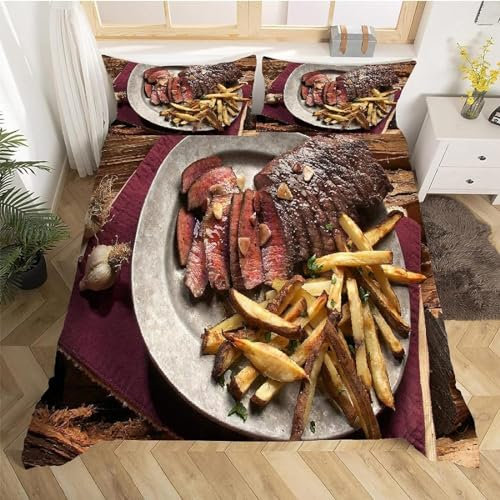 Bettwäsche 155x220 Steak Bettwäsche-Sets 3D Druck Bettbezug Fries Weiche Mikrofaser 3 Teilig Bettbezüge mit Reißverschluss und 2 Kissenbezug 80x80cm A442