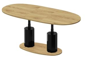 Design Couchtisch HBL-111 Tisch stufenlos höhenverstellbar ausziehbar oval Esstisch, Farbe:Eiche Natur - Schwarz Hochglanz