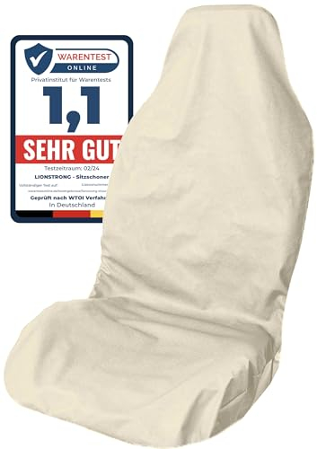LIONSTRONG® Autositzschoner Vordersitz universell kompatibel [WASSERDICHT] - Autositzbezüge Vordersitze - Sitzschoner Sitzbezüge Auto - Autositz Sitzschutz - Werkstattschoner - Polyester Beige
