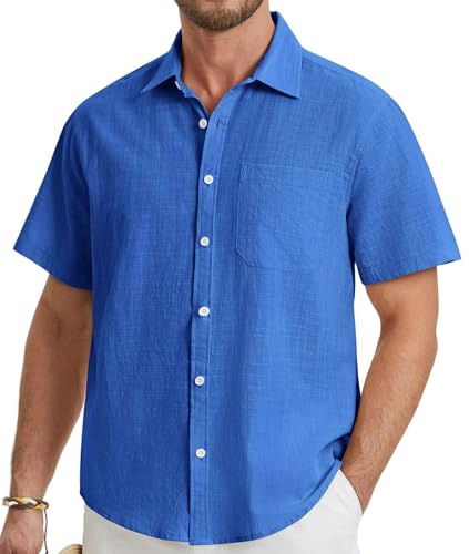 HISDERN Mens Short Sleeve Linen Shirts Casual Button Down Plain Shirt with Pocket for Summer Beach Regular Fit