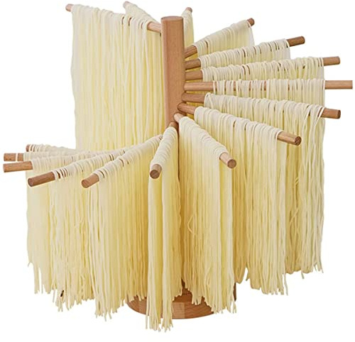 Collapsible Pasta Drying Rack, Wood Pasta Dryer Rack,Large Capacity Spaghetti Noodle Hanger w/ 16 Suspension Rods, Easy to Transfer Pasta Rack for Drying & Storage Fresh Homemade Spaghetti Tagliatelle