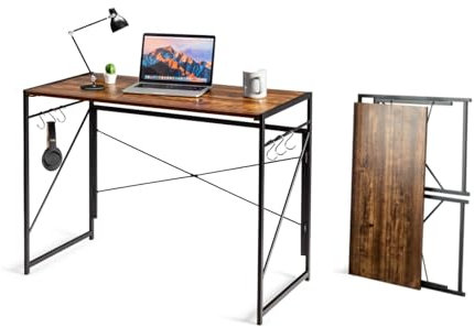 GYMAX Escritorio de Ordenador Plegable, 100 x 50 x 75cm, Mesa de Oficina con 6 Ganchos para Colgar y Estructura Metálica, Escritorio de Estilo Industrial para Salón, Estudio y Oficina (Marrón)