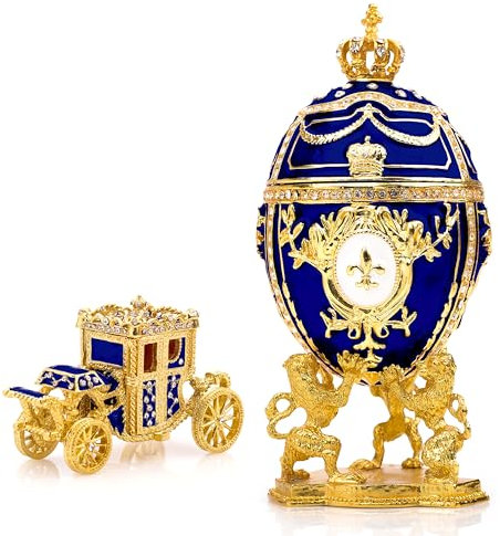 Vtry Dekorative russische Osterei-Nachbildung, extra groß, 16,8 cm, handbemalt, Schmuckkästchen für die ultimative Heimdekoration, kommt mit Geschenk-Kutsche (blau)