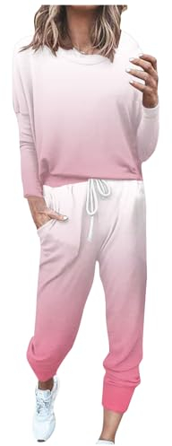 EMATOP Zweiteiler Outfit Damen Langarm Casual Tracksuit Sport Baumwolle Trainingsanzug Sweatshirt und Jogginghose Sportanzug Bunt Farbverlauf Freizeitanzug Taschen Sportswear sale online