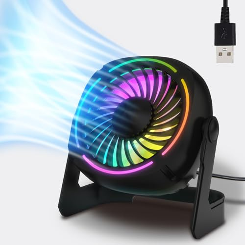 USB-Schreibtischventilator, RGB, kleiner Ventilator mit 8 Lichtmodi, Tischventilator mit 3 Geschwindigkeiten, 360° Drehung, leiser Betrieb, tragbarer Schreibtischventilator für Zuhause, Schreibtisch,
