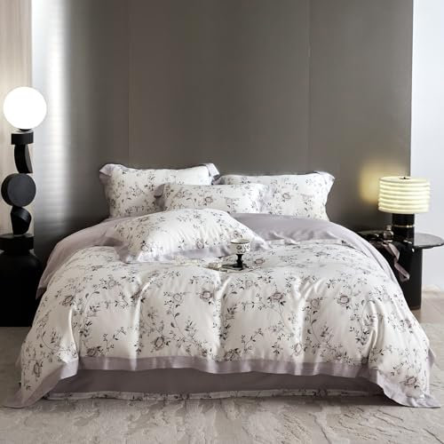 Lyocell Bettbezug für King-Size-Bett, grau-violett, florales Blumenmuster, seidig, kühlender Trösterbezug, Vintage-Blumenblätter, kühlender Eukalyptus, Lyocell, Trösterbezug, florales ästhetisches