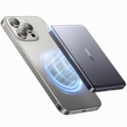 TORRAS MiniMag Power Bank 10000mAh for MagSafe, 22.5W Fast Charging Magnetic Portable Charger Slim, Wireless Battery Pack with USB-C Cable for iPhone 16 Pro Max/15/14/13/12, Gray Titan