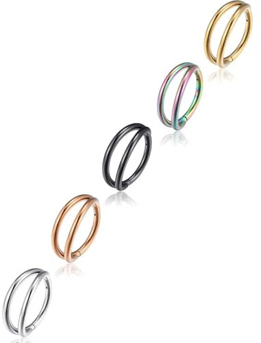 Lantine 5 Stück 16g 8mm Doppelt Septum Piercing Ring 316L Chirurgenstahl Hinged Segment Clicker Ring Forward Helix Piercing Gold/Stahlfarbe/Roségold/Schwarz/Regenbogen