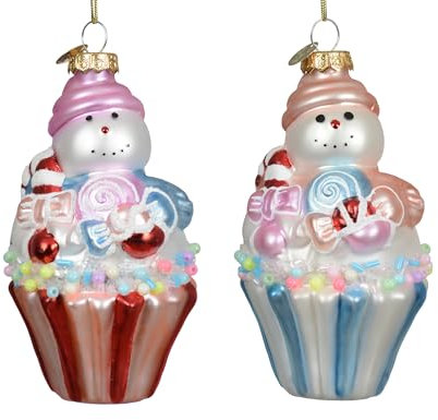Christbaumschmuck Glas 11,6cm - Schneemann Muffin Figur zum Aufhängen - 1 Stück sortiert - mit Perlen - Weihnachtsbaum Anhänger für Weihnachten - Christbaumanhänger & Weihnachtsbaumschmuck Gebäck