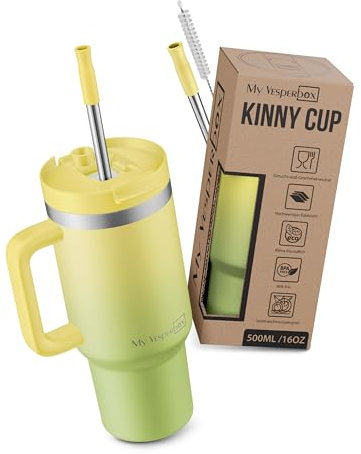 My Vesperbox® Trinkflasche mit Strohhalm KINNY CUP [500ML] - Trinkbecher Deckel - Thermobecher - Trink Becher - Tumbler Cup - Thermosflasche - BPA-frei, Auslaufsicher & Spülmaschinenfest