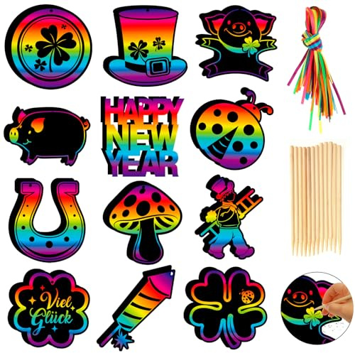 HOWAF 36 Stück Silvester Spiele Glücksbringer Kratzbilder, Happy New Year Kratzpapier Glücksschwein Kleeblatt Hufeisen Neujahrsglücksbringer Neujahrskarten für Geschenk Silvester Deko 2027