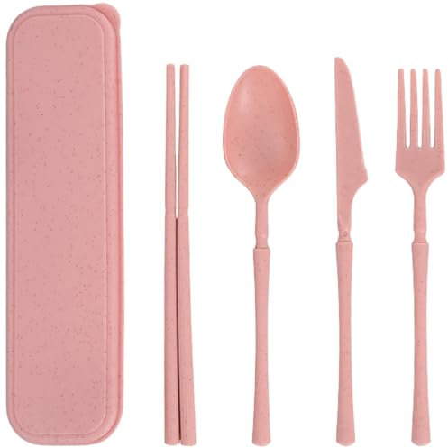 Juego de cubiertos portátil con estuche, cuchillo de plástico reutilizable, tenedor, cuchara, palillos, vajilla, juego de cubiertos de viaje para camping, picnic, oficina, escuela o uso diario (rosa)