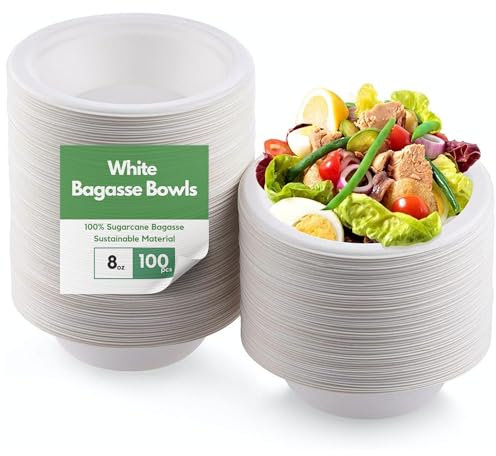 CaterCo Bagasse Sugarcane 8oz / 240ml Bowls - Strong, Disposable, Biodegradable, Compostable Eco-Friendly White Paper Bowl for Soup, Salad, Dessert, Party, BBQ - 8oz Bowls - 100 Pack