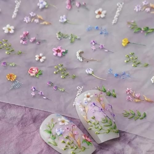 Nagelsticker Frühling Blumen, Blumen Nagelkunst Sticker, Blumen 5D Geprägte Nagelaufkleber, Blumen Nagelaufkleber für Frauen, Nail Art Sticker Dekoration, Erlesenes Maniküre Zubehör für Damen