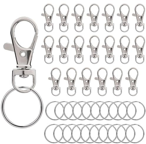 iCovalescent 40 PCS Keychain Hooks with Key Rings, 20 PCS Lobster Clasps and 20 PCS Key Ring Hoops, Swivel Lobster Clasps, for Keychain Clip Lanyard, Jewelry Making, Crafts (Silver)
