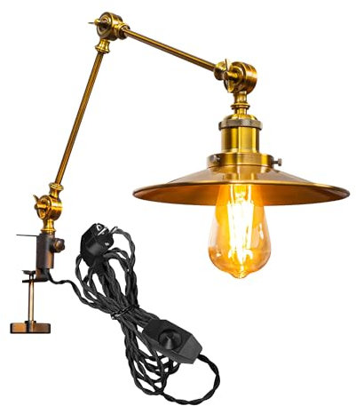 FSLiving Retro Klemmleuchte,1 Packung Leselampe mit 2,5 m Kabel, Dimmbar Gold Nachttischlampe,Augenpflege Schreibtischlampe für Büro Heimgebrauch, E27 Lampenhalterung - TB2773GL