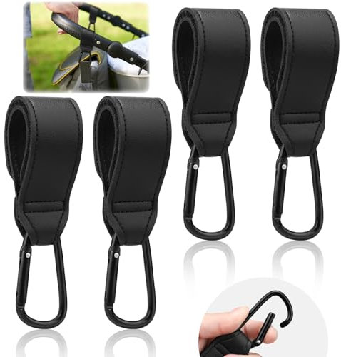 Lot de 4 Crochets pour Poussette, Mousquetons en Métal Noir et Crochets Velcro, Crochets Universels pour Sacs Suspendus, Sacs de Courses
