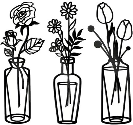 ELLECILA 3 Pieces Metal Flower Wall Art Decoration, Black Tulip Wire Iron Decor, Black Flower in Vase Wire Wall Hanging Decor for for Living Room Bathroom Bedroom Dining Room, Housewarming Gift
