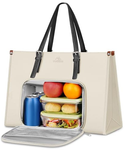 MATEIN Laptop Bags for Women with Insulated Leakproof Lunch Compartment, 15.6 Inch PU Leather Briefcase, Laptop Tote Work Bag with an Adjustable Handle, Designer Handbag for School, Office, Beige
