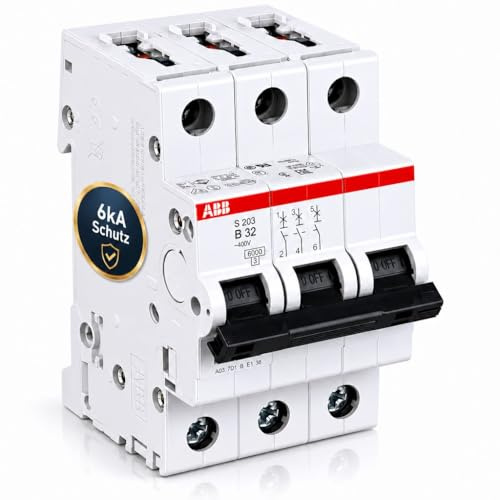 ABB S203-B32 Leitungsschutzschalter 3-polig 32A B-Charakteristik, LS-Schalter für Drehstrom, Sicherungsautomat 6kA, Automaten Sicherung für Hutschiene, System pro M compact