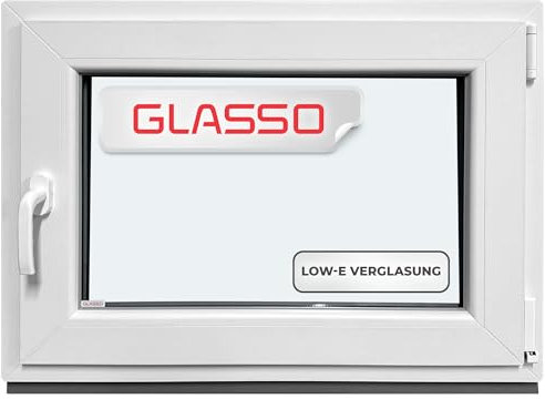GLASSO Fenster 60x40 cm 3-fach Verglasung - Kunststofffenster 76mm Profil -Din Rechts-BxH: 600x400mm- Ideal für alle Wohnbereiche | Gartenhaus | Garagenfenster | Kellerfenster Dreh-Kipp-Funktion
