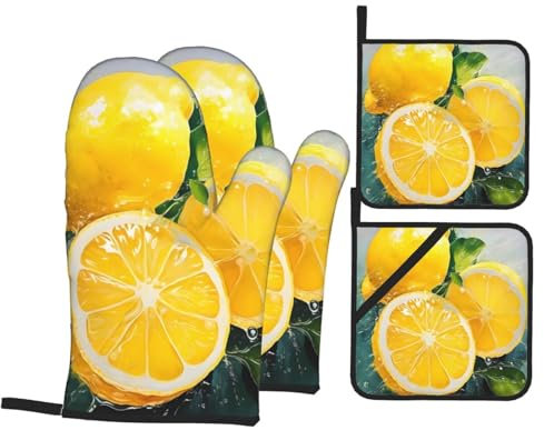 Yellow Lemon, Oven Mitts And Potholders Sets Of 4,Waterproof,Heat-Resistance Up To 500°f,Microwave Baking Oven Gloves,Chef Kitchen Cooking Baking Bbq Gloves,Cooking Mittens