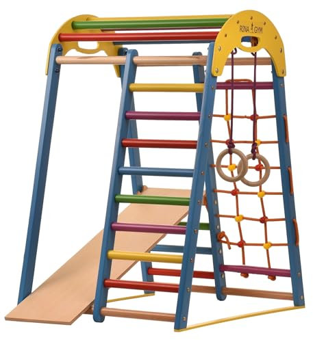 Kompaktes Indoor-Klettergerüst für Kinder & Erwachsene – Sprossenwand, Netz & Ringe – Heimtraining