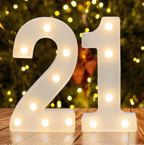 Warm White LED Light Up Number 21, 21st Birthday Decor for Her Him,Table Centerpieces & Backdrop Wall Décor,Lighted Marquee Sign for 21st Wedding Anniversary Décor