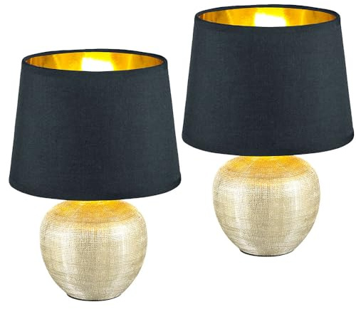 Tischleuchte Tischlampe Nachtlampe, Keramik Textil, Gold-Schwarz, 1x E14 Fassung, DxH 18x26 cm, Schreibischlampe Nachttischleuchte - 2er Set