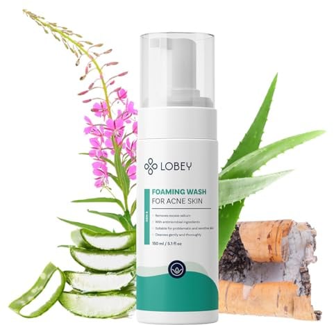 LOBEY Gesichtsreinigungsschaum gegen Akne – Gesichtspflege bei Unreiner Haut – Sanfte Reinigung mit Teebaumöl, Weidenröschen & Birkenextrakt – Natürlich – Anti-Pickel (150 ml)