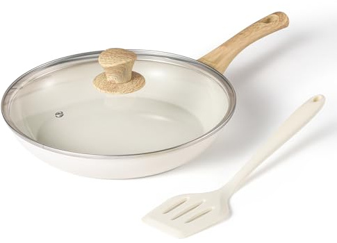 MSMK 28cm Nonstick Ceramic Frying Pan with Lid and White Slotted Spatula, White Interior, Wood Grain Handle, PFOA-Free Skillet for All Stovetops, Easy to Clean Cookware Set