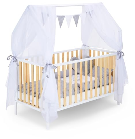 FabiMax Kinderbett Hausbett Schlafmütze Weiß/Natur, 140x70 cm, Komplettset (Matratze Air, Komplettset Graue Punkte)