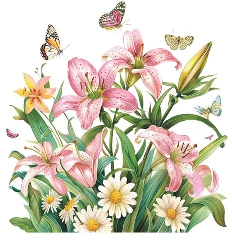 Wandtattoo, Blumenmotiv, 62 cm x 58 cm, Motiv: Schmetterlinge und Lilien
