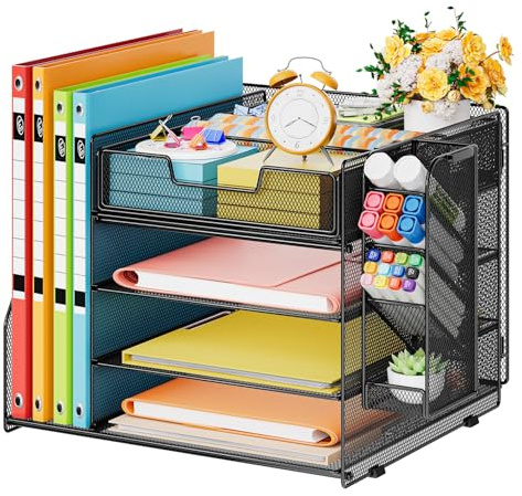Marbrasse Organiseur de Bureau Plateau,4 Niveaux Plateau à Courrier avec 1 Porte-stylo Suspendu et 6 Tiroirs de Séparation, Organiseur de Magazines pour Bureau à domicile (Noir)