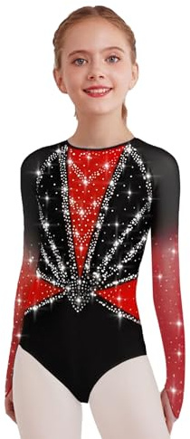Eandarui Kinder Mädchen Turnanzug Langarm Gymnastikanzug Strassstein Glänzend Ballettanzug Mesh Patchwork Sportbody Gymnastik Outfit