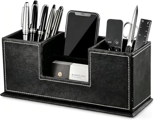 BXUUXA Schreibtisch Organizer aus PU Leder mit 4 Fächern Schwarz | Elegante Ablage für Smartphone, Fernbedienung, Brille, Notizblock und Bürozubehör, 29 × 11 × 9 cm