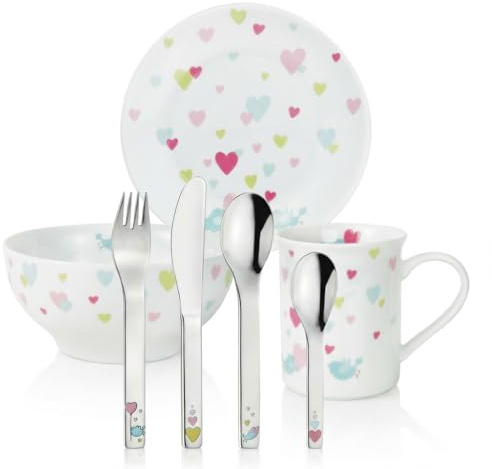 PURESIGNS Kinderset 7-teilig CORA Porzellan & Edelstahl 18/10 | Geschirr + Besteck, BPA-frei & spülmaschinenfest