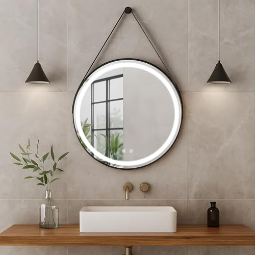 Trintion LED Spiegel Bad mit Beleuchtung 60cm Rund – Touch-Schalter, Beschlagfrei, Dimmbar – Badezimmerspiegel mit Licht für Make-up & Rasu Abnehmbarem Lederband