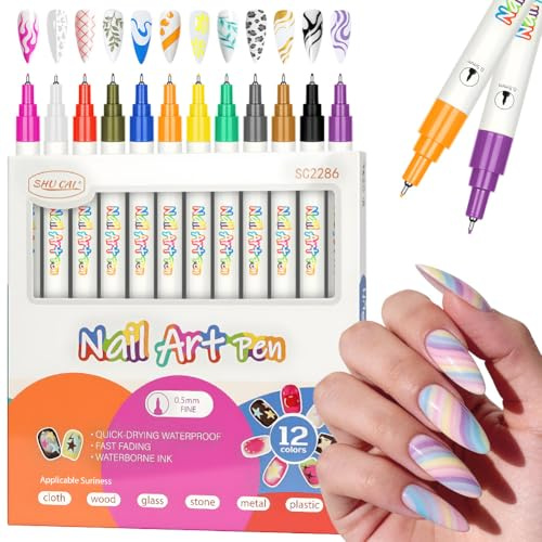 AOOWU 12 Farben 3D Nagellack Stift Set, 0.7mm Nail Art Marker, DIY Linie Nagelkunst Graffiti, Nagelspitze Nail Art Beauty Schmücken,Premium-Schnelltrocknungsformel, Splitterfest,für Nagelkunst Frauen