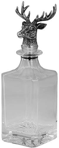 Kristallglas Karaffe 750 ml - Design-Glaskaraffe mit dekorativen Hirschkopf Verschluss-Stopfen - edle eckige Deko Kristallkaraffe - ideal für Spirituosen oder Wasser