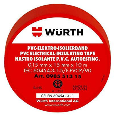 10 cintas aislantes rojas 15 mm x 10 m x 0,15 mm Wurth 098551315 PVC autoextinguible IEC RoHS adhesivo eléctrico electricista 15 x 10 mm/m