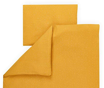 KraftKids Bettwäsche-Set Musselin goldene Punkte auf Gelb aus Kopfkissen 40 x 60 cm und Bettdecke 135 x 100 cm, Bettbezug aus Baumwolle, handgearbeitete Bettwäsche gefertigt in der EU