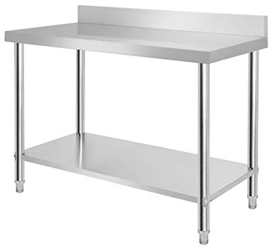 Aufun Tavolo da Lavoro in Acciaio Inox Regolabile in Altezza per Bar, Ristorante con Ripiano, Argento (120 x 60 x 85 cm)