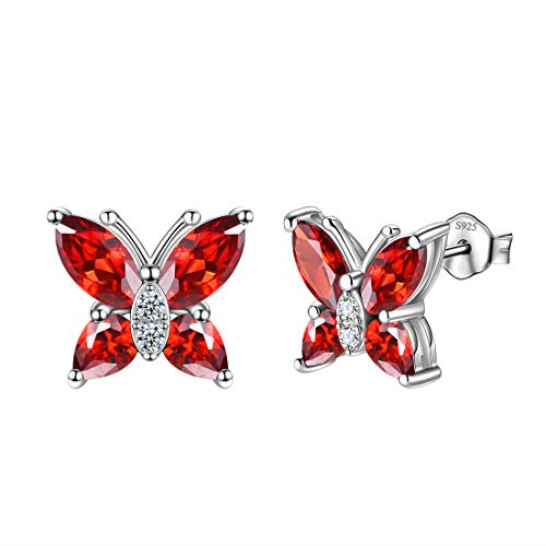 Aurora Tears Schmetterling Ohrringe 925 Sterling Silber Januar Birthstone Red Granat Stud Tiere Ohrringe Schmuck Geschenk für Frauen und Mädchen DE0160J