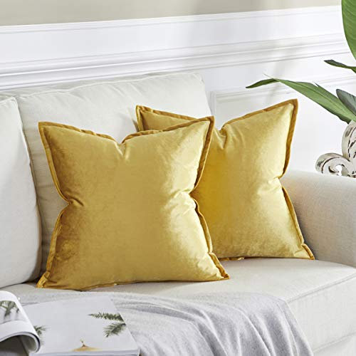 OMMATO Kissenbezug 50x50 cm Gelb Kissenbezüge Samt dekorative Kissenhülle 2er Set Dekokissen für Sofa Schlafzimmer Wohnzimmer Auto
