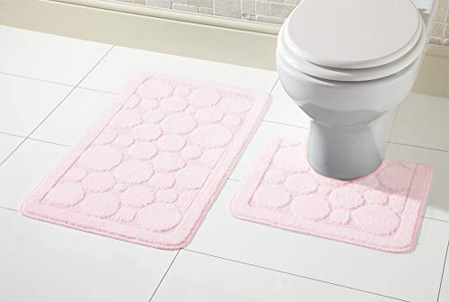 Olivia Rocco® Cali Bubbles 2 Piece Bath Mat & Pedestal Set, Non Slip Absorbable Toilet Bathroom Set (Blush Pink)