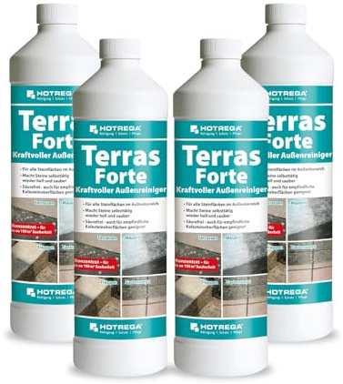 HOTREGA Terras Forte Steinreiniger 4x 1 L | Konzentrat Außen | Terrassenreiniger ohne Schrubben | Naturstein & Beton | Aktivchlor | Für Fugen, Treppen, Mauern